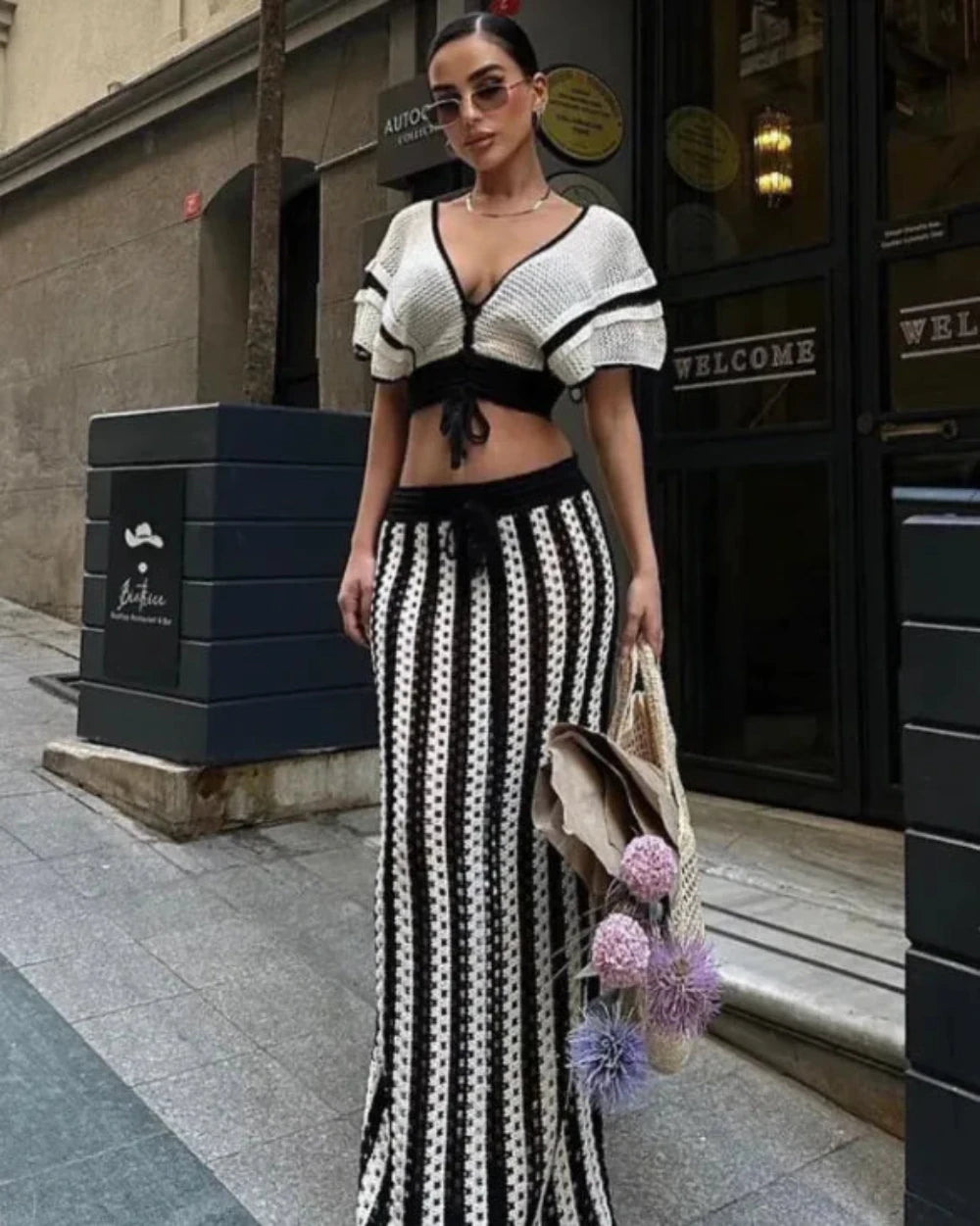 KNIT HOLLOW STRIPED SKIRT SUIT